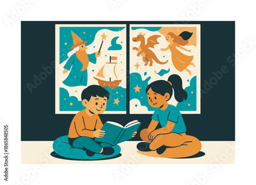 Imaginative Reading Corner. Children?s reading window. Kids sit on cushions under a bright window with whimsical decals, storybook characters drifting in