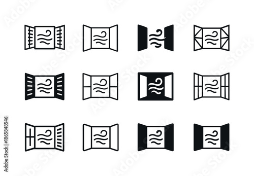 Fresh Air Icons. Opening the windows for fresh air. Icon set. Set Logo of opening the windows for fresh air: open shutters and fresh air lines. harmonious logo