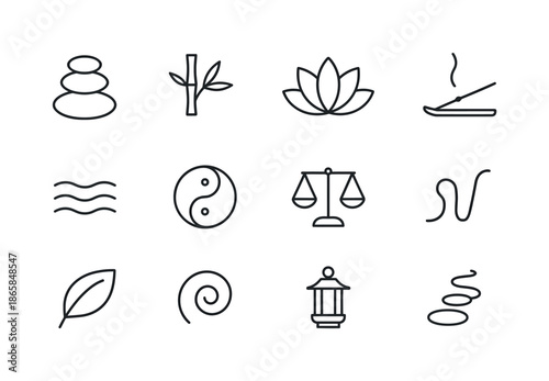 Zen Harmony Icons. Zen harmony. Line icon set of zen harmony: stacked stones, bamboo stem, lotus flower, incense stick, tranquil water line, harmony symbol,