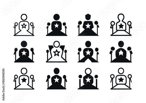 Celebrity Interview Icons. Celebrity interview. Icon set. Set Logo of celebrity interview: red carpet view. harmonious logo variations of the same emblematic