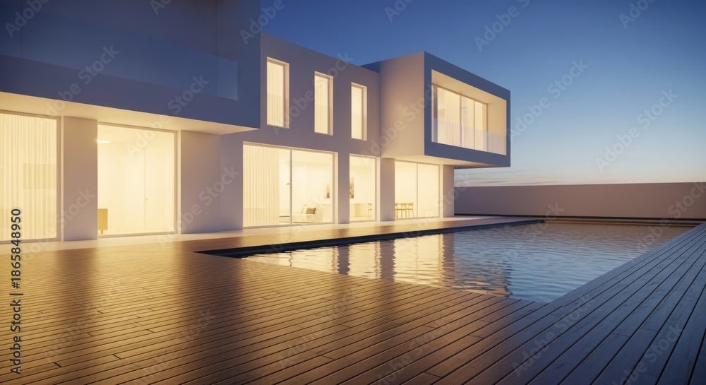 Obraz premium Modern Luxury Villa with Swimming Pool at Dusk