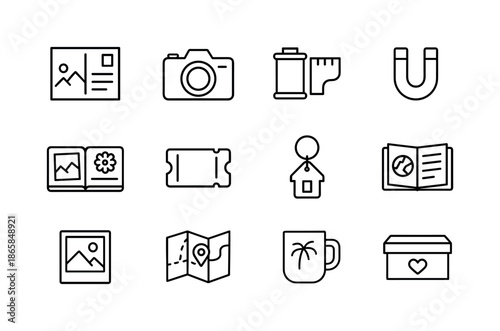 Family Road Trip Icons. Family road trips ? Memories & Souvenirs. Line icon set of Family road trips ? Memories & Souvenirs: postcard, photo camera, film roll,
