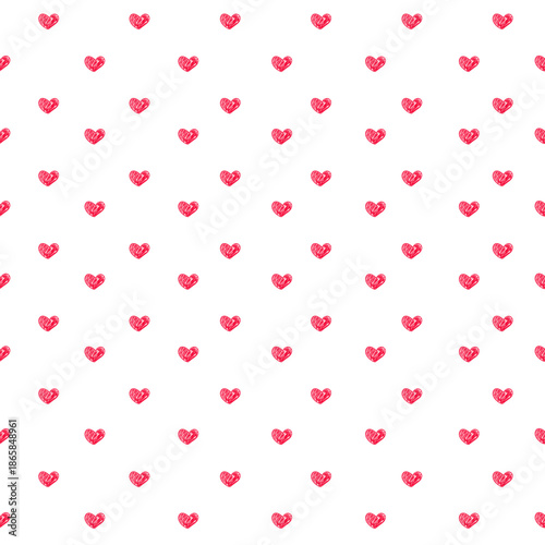 Whimsical tiny heart sketch seamless pattern, cute romantic doodle background. Ditsy small red hand drawn hearts on white background. Simple Valentines day bg