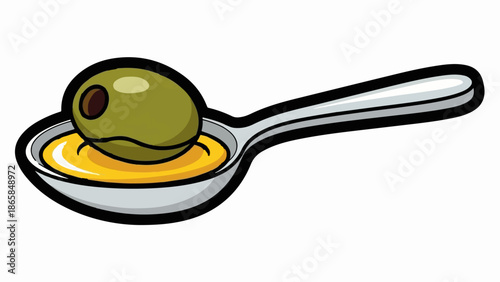 A single green olive sits in a spoonful of golden oil, ready for tasting