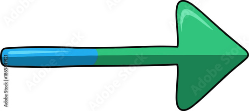 A stylized, cartoonish arrow points to the right, featuring a blue shaft transitioning to green