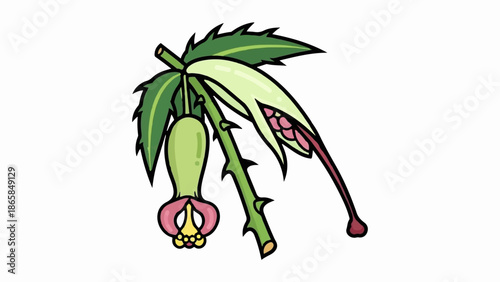 A stylized cartoonish drawing of a blooming rose bud with thorny stem
