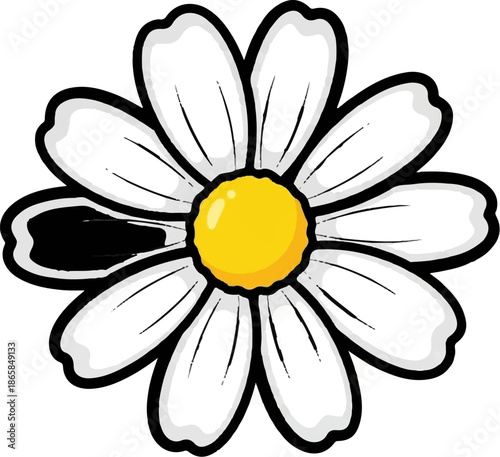 A stylized, cartoonish daisy with white petals and a yellow center