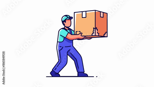 A stylized cartoon worker carries a large cardboard box with torn edges