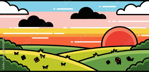 A stylized, cartoonish landscape features rolling green hills under a vibrant, striped sunset sky with fluffy clouds and tiny flowers