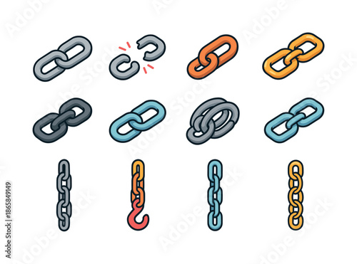 Colorful Chain Icons. Chains. Colorful isometric vector icons set of chains: linked metal chain, broken chain, rusted link, gold chain, thick anchor chain,