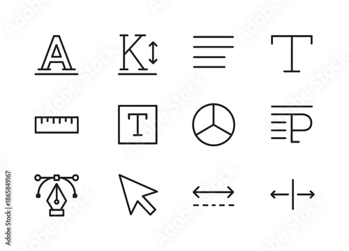 Typography Principles Icons. Typography principles. Line icon set of Typography principles: letter A, baseline, kerning symbol, text alignment, font size