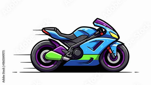 A stylized, cartoonish sport motorcycle in bright blue, green, and purple, depicted in motion