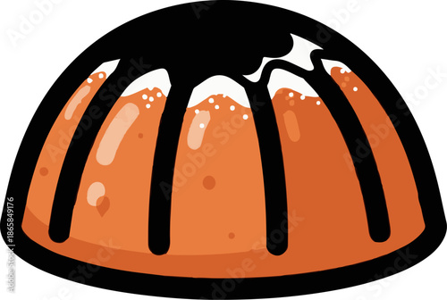 A stylized, cartoon-like illustration of an orange dessert with black outlines and white frosting accents