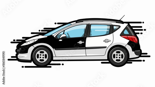 A stylized, cartoon-like, two-tone black and white hatchback automobile moves quickly