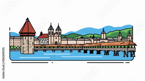 A stylized cityscape features a prominent covered bridge spanning a blue body of water, with buildings and hills in the background