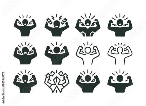 Rage Chain Logos. Breaking chains in rage. Icon set. Set Logo of Breaking chains in rage: rage lines around head. harmonious logo variations of the same