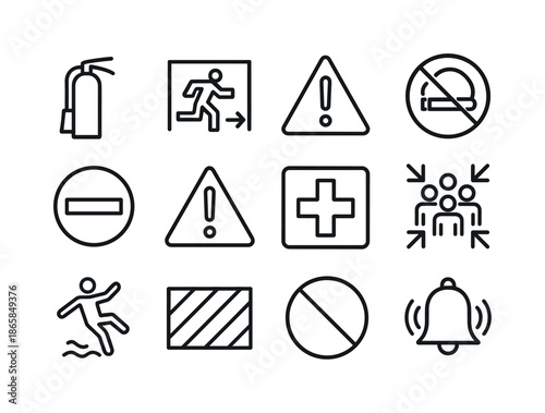 Retail Safety Icons. Retail safety signs. Line icon set of Retail safety signs: fire extinguisher icon, emergency exit symbol, caution triangle, no smoking