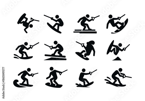 Advanced Wakeboarding Icons. Advanced wakeboarding. Solid icon set of Advanced wakeboarding: advanced flip, high jump, technical spin, off-axis trick, rail