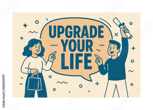 Upgrade Your Life Banner. Upgrade your life banner, flat vector illustration, bold oversized text inside rounded blob banner, cartoon characters standing and