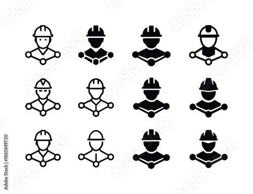 Autonomous Construction Icons. autonomous construction manager. Icon set. Set Logo of autonomous construction manager: connected site network nodes. harmonious
