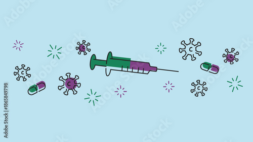Medical Vaccination Doodle with Syringe Pills and Virus Cells Illustration