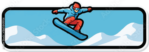 A stylized snowboarder in mid-air, with snow-covered mountains and a bright blue sky
