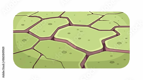 A stylized, cracked ground surface with light green hexagonal tiles and deep pink fissures