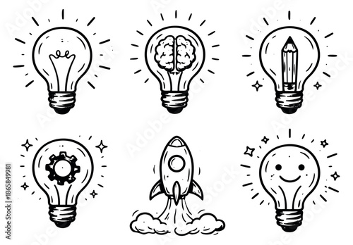 Hand drawn line art idea icons set featuring light bulbs containing symbols of creativity, intellect, and progress, with a rocket for business concepts and startups