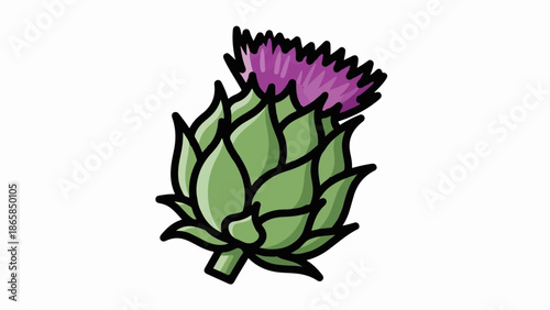 A stylized depiction of a flowering artichoke with green leaves and a purple blossom