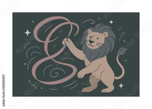 Lion's Ribbon Dance. Lion with ribbon performance. Lion tossing a long ribbon with a paw; curvy trails swirling in midair. Small abstract accents adding flair.