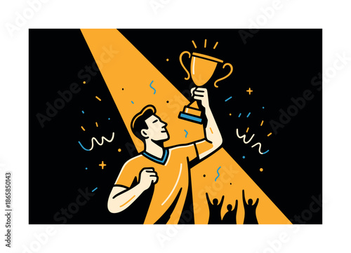 Champion's Trophy Triumph. Champion moment. A winner lifts a trophy as a spotlight cuts through darkness; shimmering accents highlight their pose. Abstract
