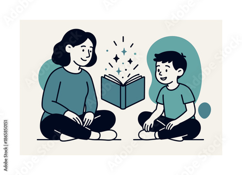 Floating Book Focus. Learning together. A parent and child sit cross-legged with a floating book between them; light sparks show growing curiosity. Calm shapes