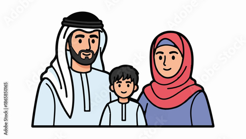 A smiling family of three, parents in traditional attire with their young son