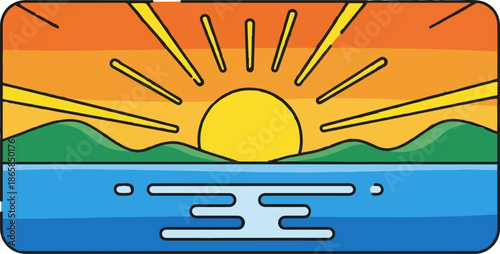 A stylized depiction of a sunset over water and rolling green hills