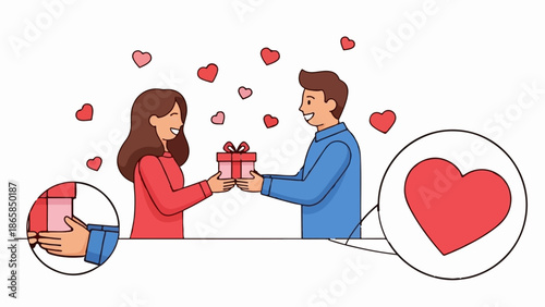 A smiling man gives a gift to a smiling woman, with hearts floating around them