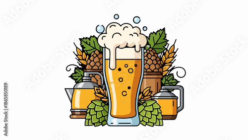 A stylized depiction of beer ingredients and a frothy glass of beer