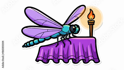 A stylized dragonfly with purple wings and a blue body rests on a draped table beside a lit torch