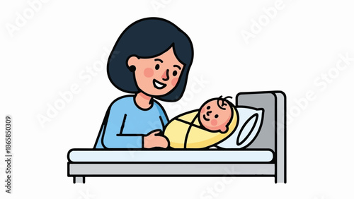 A smiling woman looks down at a baby in a crib