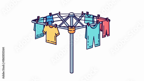 A stylized drawing of a clothesline with colorful garments hanging to dry