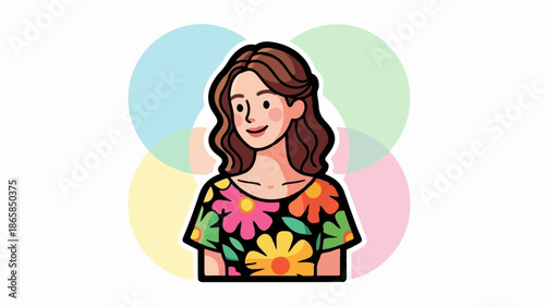 A smiling woman with wavy brown hair wears a vibrant floral shirt