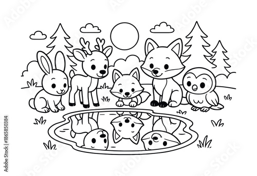 Forest Puddle Reflection. Reflection on still water children?s coloring book illustration, outlined drawing, cartoon animals looking at the moon mirrored in a