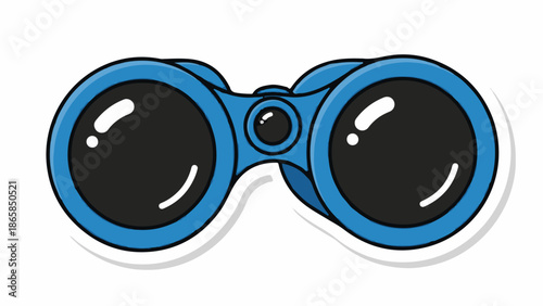 Bright blue cartoon binoculars with black lenses and reflective highlights