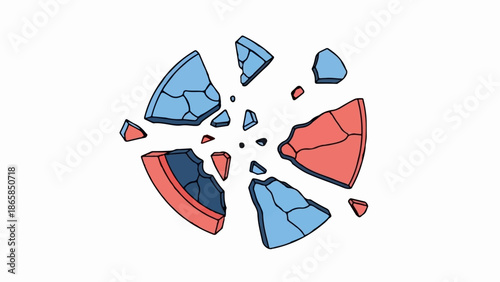 Abstract explosion of fragmented circular shapes in blue and red