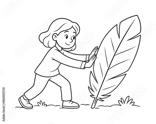 Feathered Path Challenge. Pushing through difficulties children?s coloring book illustration, outlined drawing, woman gently moving a simple oversized feather