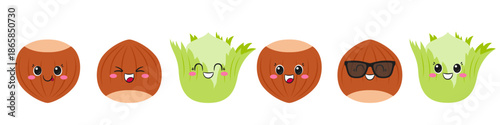 Set hazelnut, cute and fun cartoon character, tasty and healthy nut, big eyes, emotions joy delight, happy smiling face, kawaii style, icon vector children's illustration.