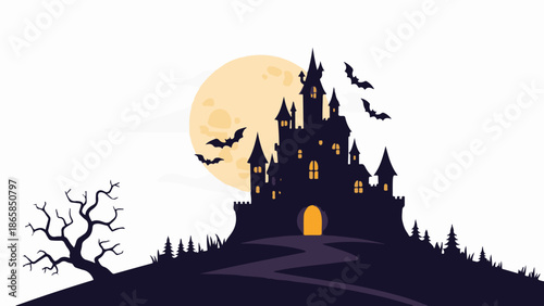 A spooky, silhouetted castle stands before a large moon with bats flying