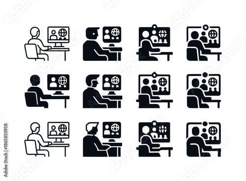Video Conference Logos. A professional conducting a video conference with international clients. Icon set. Set Logo of a professional conducting a video