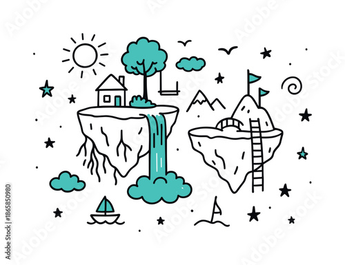 Whimsical Floating Islands. Floating islands. Hand-drawn doodle illustration floating islands [chunk of land with roots hanging (accented), tiny house on