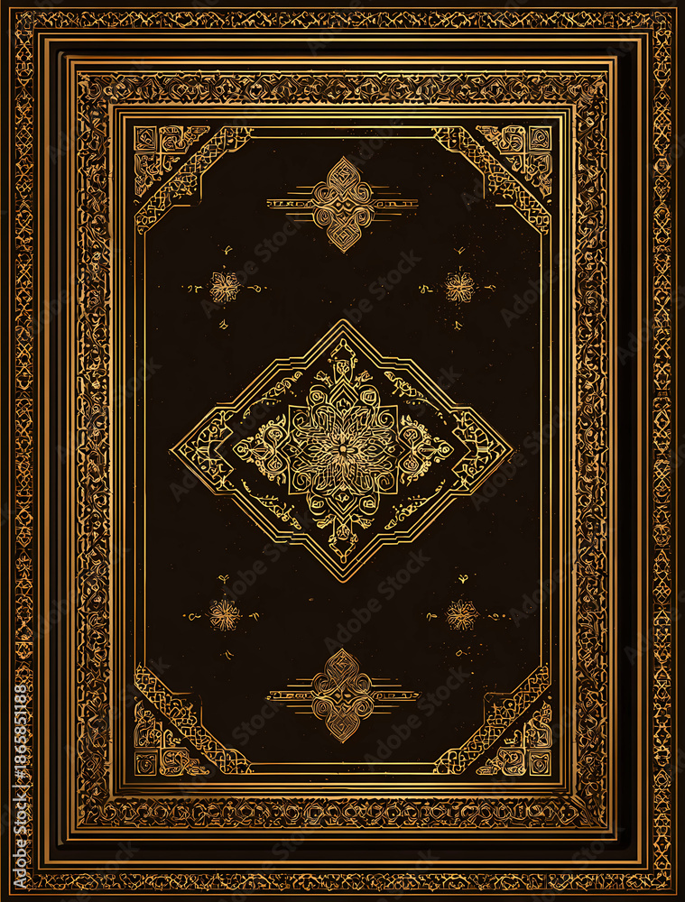 Obraz premium an empty book cover design with ornate borders and frames in the style of an ancient arabic manuscript, black background, golden accents.