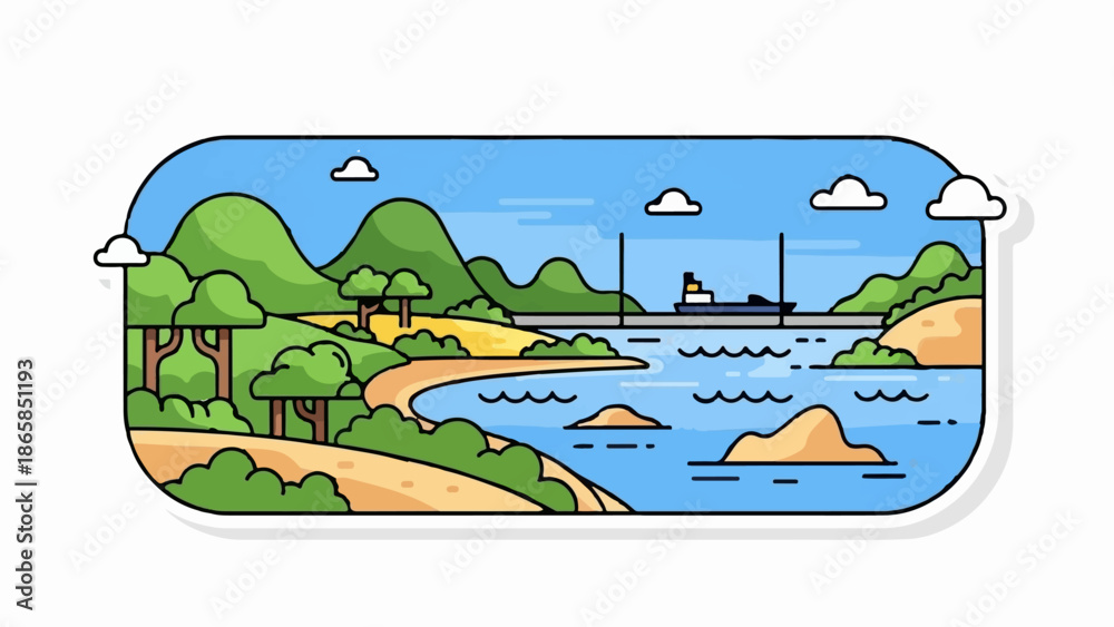 Naklejka premium A stylized flat illustration depicts a coastal scene with a ship sailing under a bridge and a sandy beach